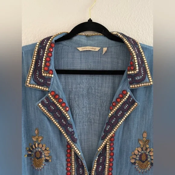 Soft Surroundings Heavily Beaded Embroidered Tencel Duster Coat - Indigo, Large - Picture 8 of 12